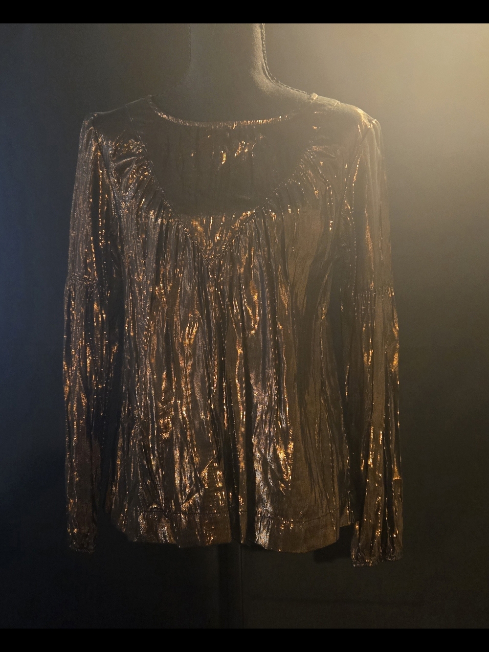 Anthropologie Shimmering Copper-Tone Pleated Long Sleeve Top